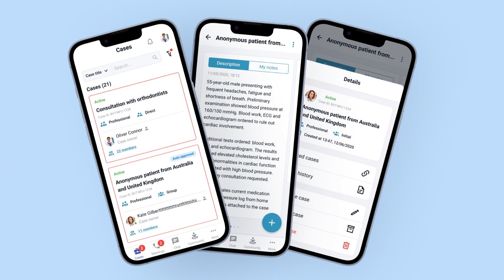Cases in the mobile app: the case list with owners and member counts, an anonymous case with its description and notes, and the case details sheet