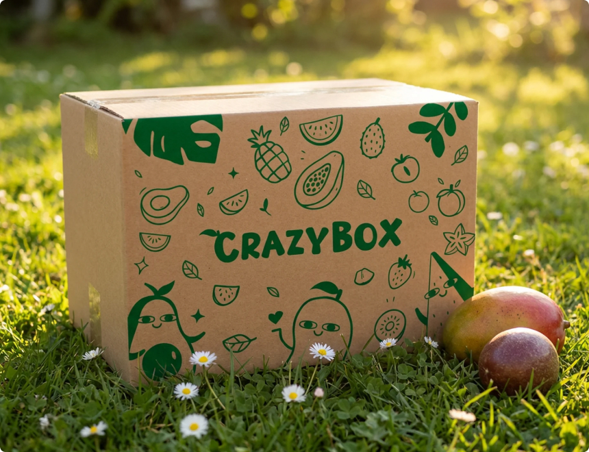 The everyday kraft box, printed in one green colour with the line-art fruit pattern, standing in grass