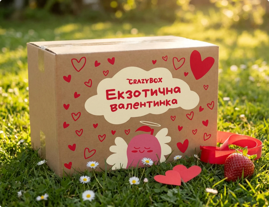 The Valentine box: the same kraft, printed in red hearts with a speech cloud reading Ekzotychna valentynka