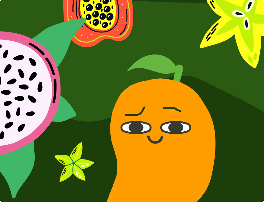 The fruit cast at full size on brand green: a mango with a leaf, a dragonfruit half, a papaya and two carambola stars
