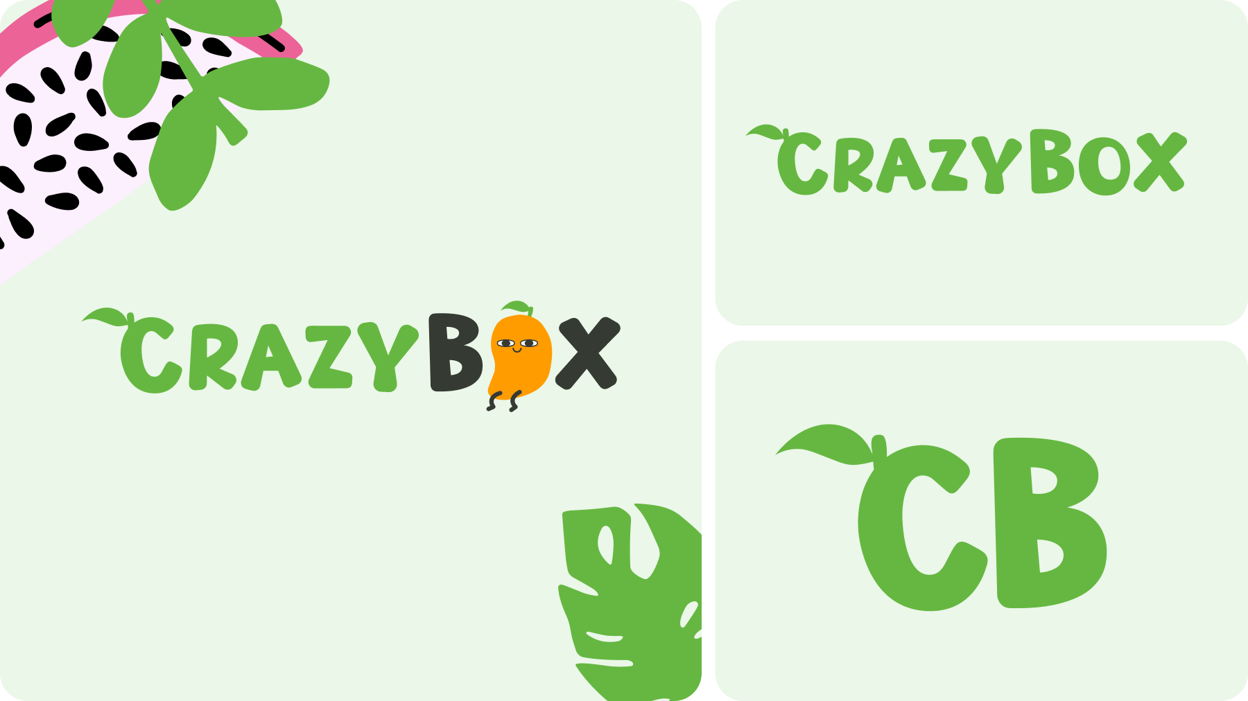 The CrazyBox logo lockup: the wordmark with a mango inside the O of BOX, the green wordmark on its own, and the CB monogram