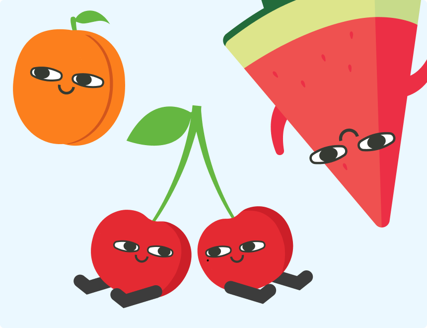 The illustrated fruit cast: an apricot, a pair of cherries and a watermelon slice, each with a face