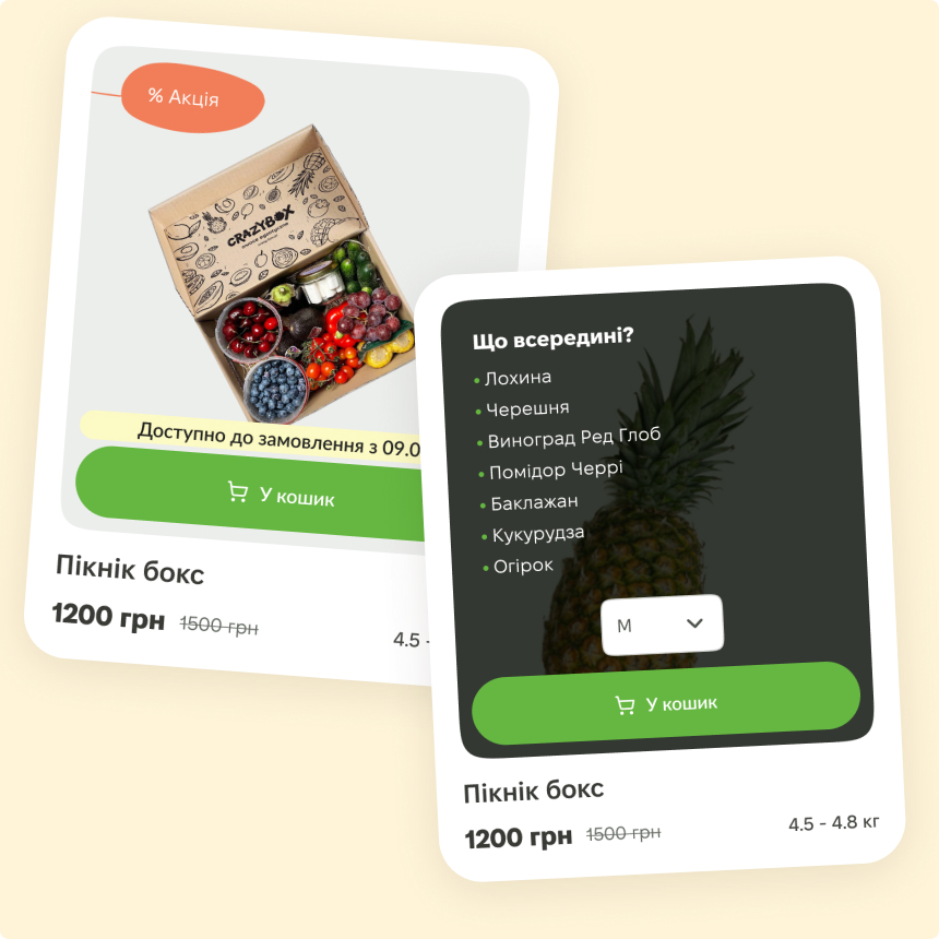 Two product cards for the same picnic box: the front with the price, the weight range and the line saying when it can be ordered, and the back listing what is inside