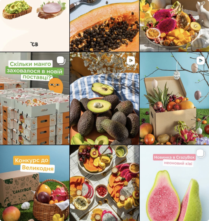 A grid of CrazyBox Instagram posts: fruit shots, warehouse photos and captioned promos