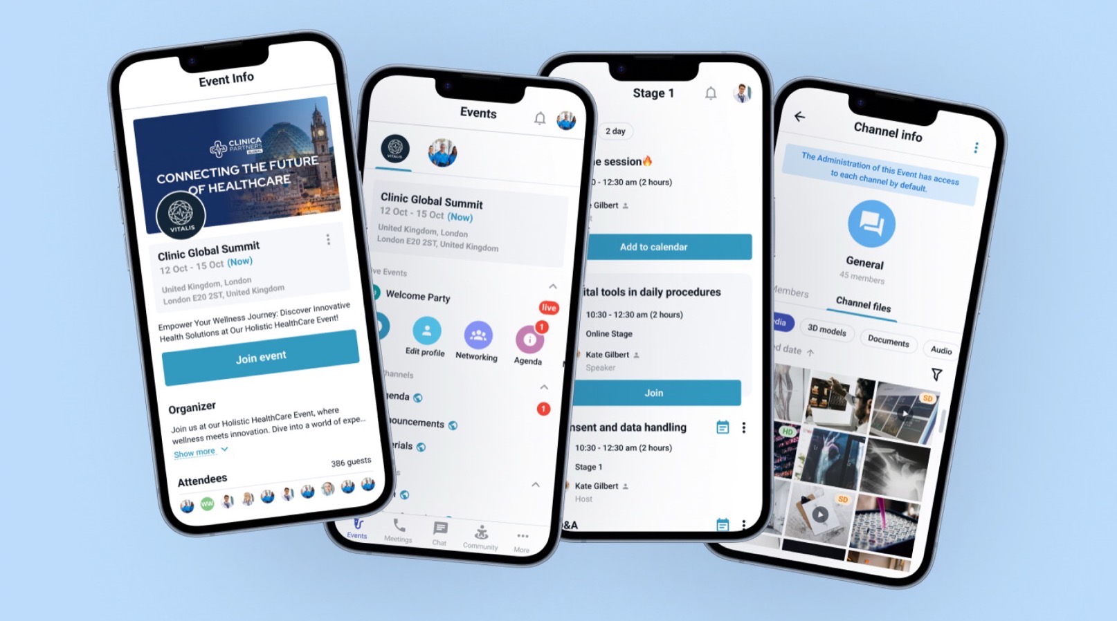 The event in the mobile app: event info with the organizer and guest list, the events tab, a live session on Stage 1, and a channel with its shared files