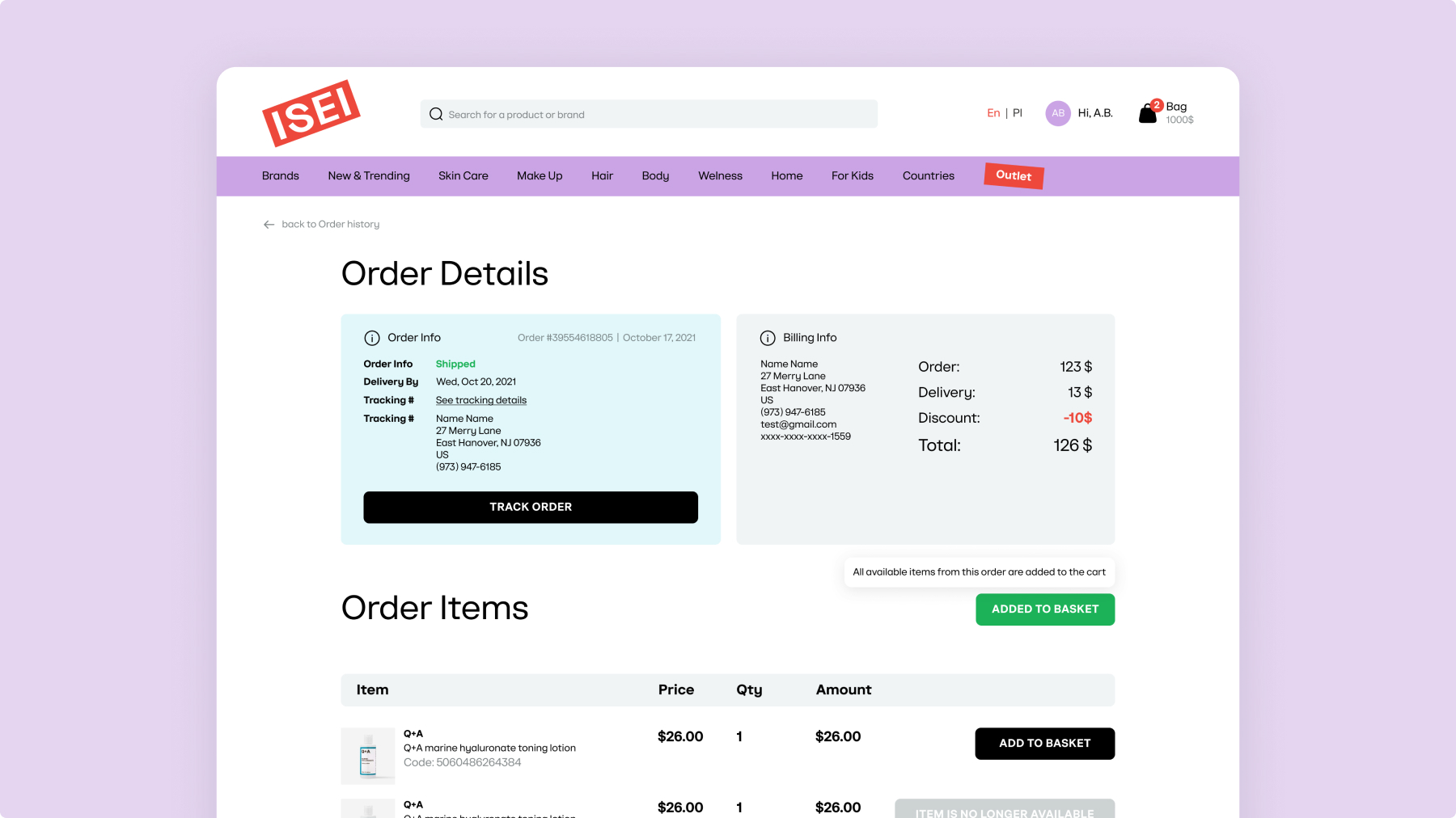 An order inside the account area: status, delivery date, tracking, billing details and the order items, each with a repeat-purchase button