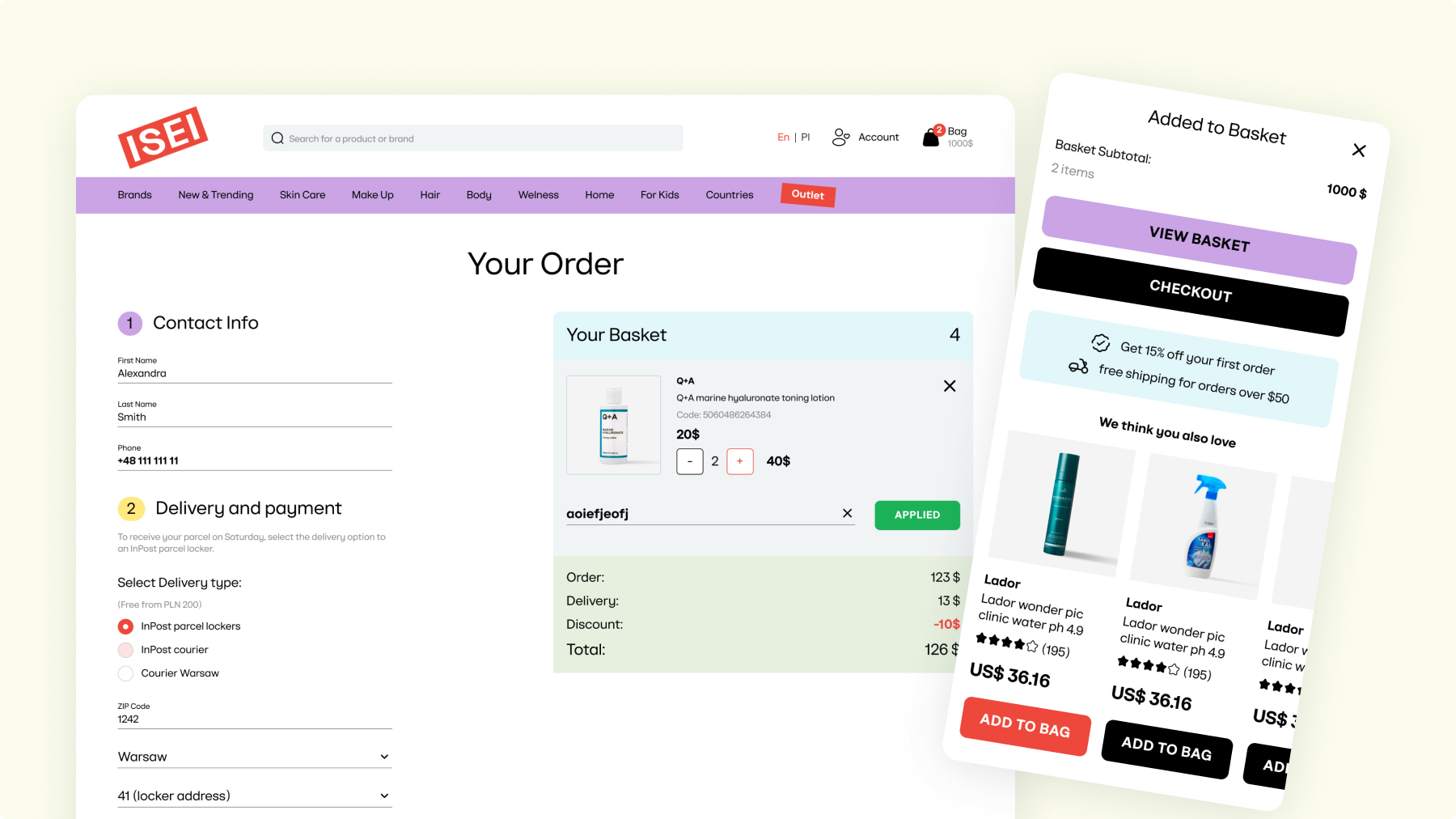 The checkout: contact fields, InPost locker and courier options with a ZIP and locker picker, the basket held beside the form, and the added-to-basket panel