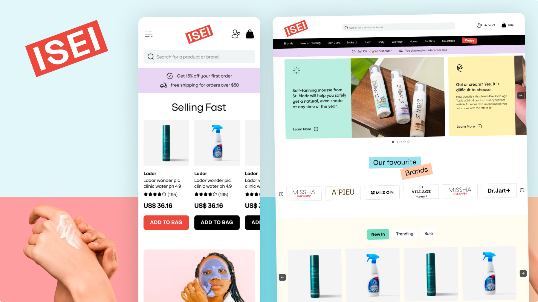 The ISEI storefront: the phone home screen beside the desktop home page, with the red stamp logo, the promo carousel and the brand row
