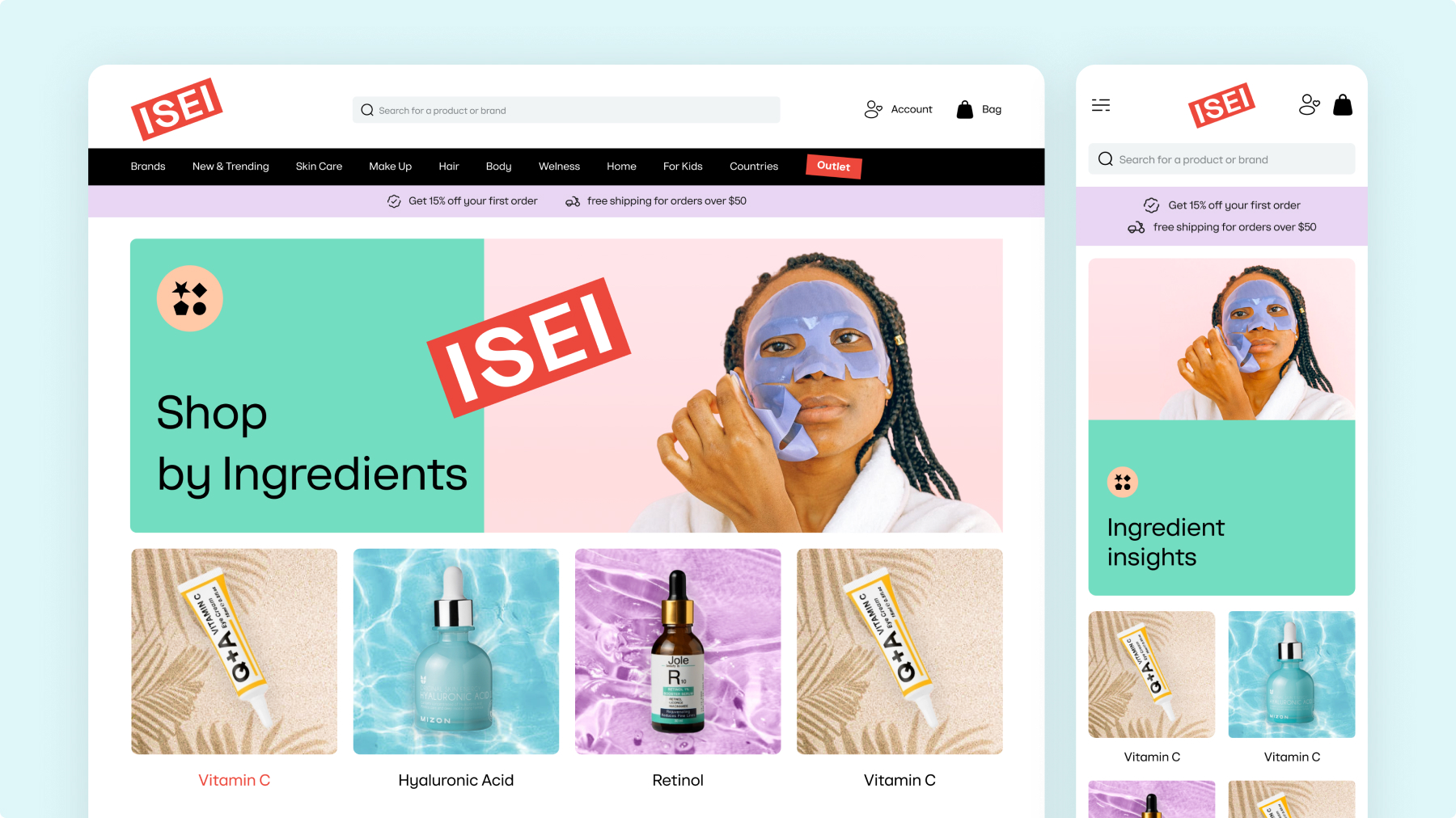 The Shop by Ingredients banner and the ingredient tiles below it, vitamin C, hyaluronic acid and retinol, on desktop and on a phone