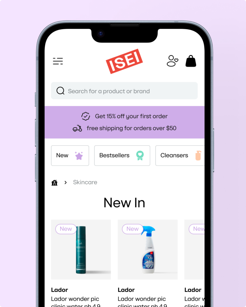 The store home screen on a phone: search, the shipping bar, category chips and the New In row