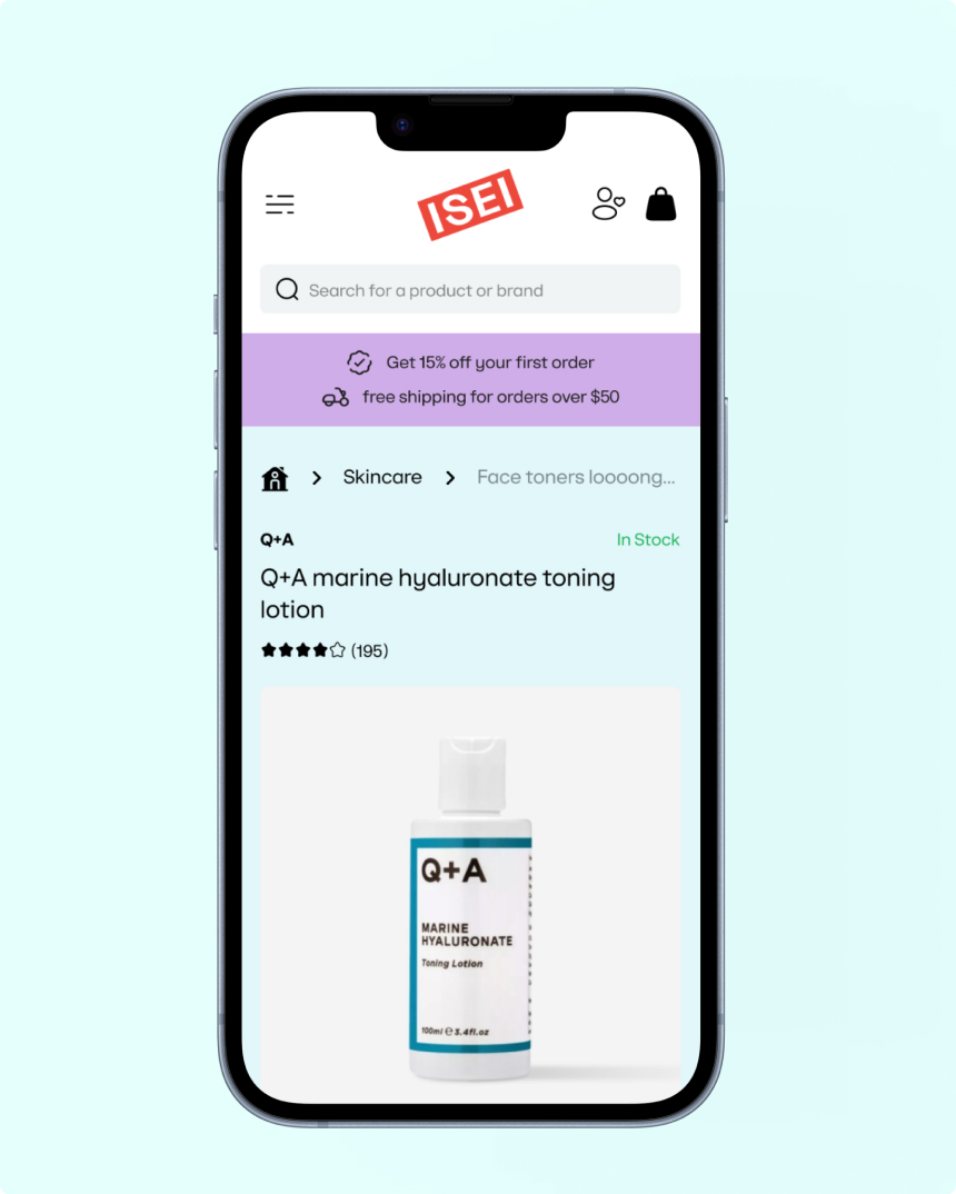 A product page on a phone: breadcrumb, stock state, rating and the product photograph