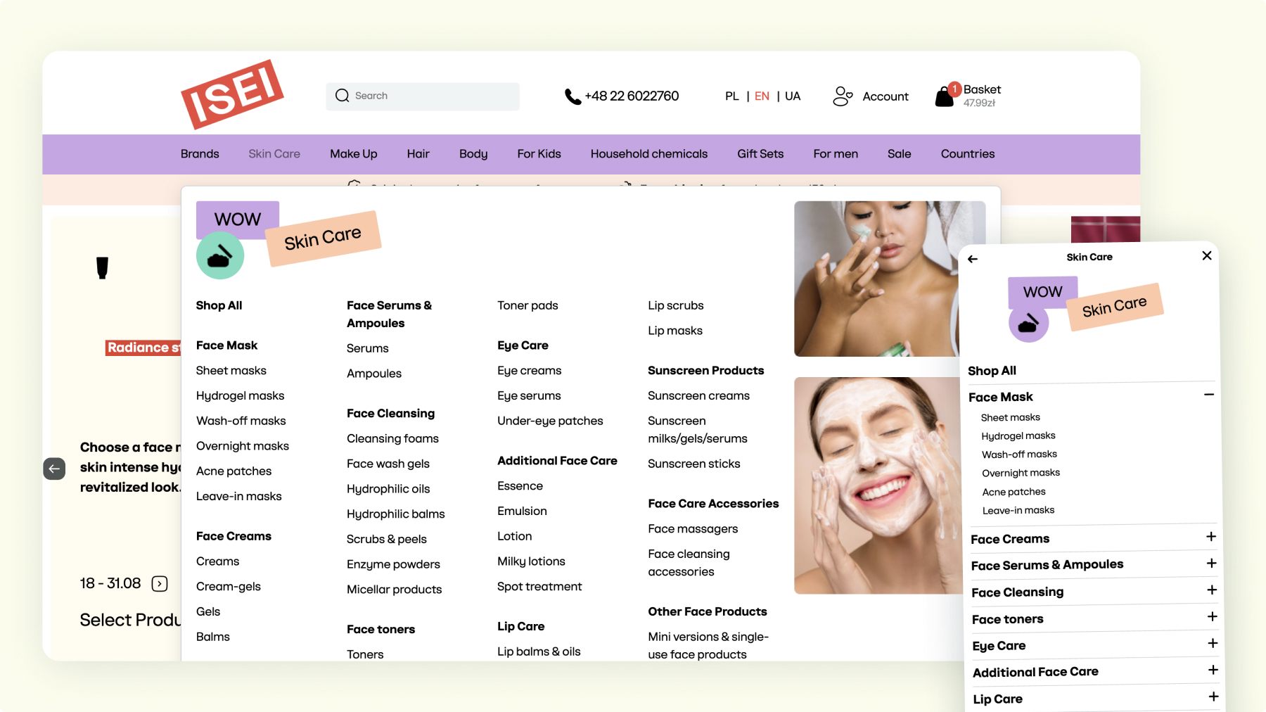 Hand-cut sticker labels reading WOW and Skin Care sitting over the open catalogue menu, on desktop and on a phone