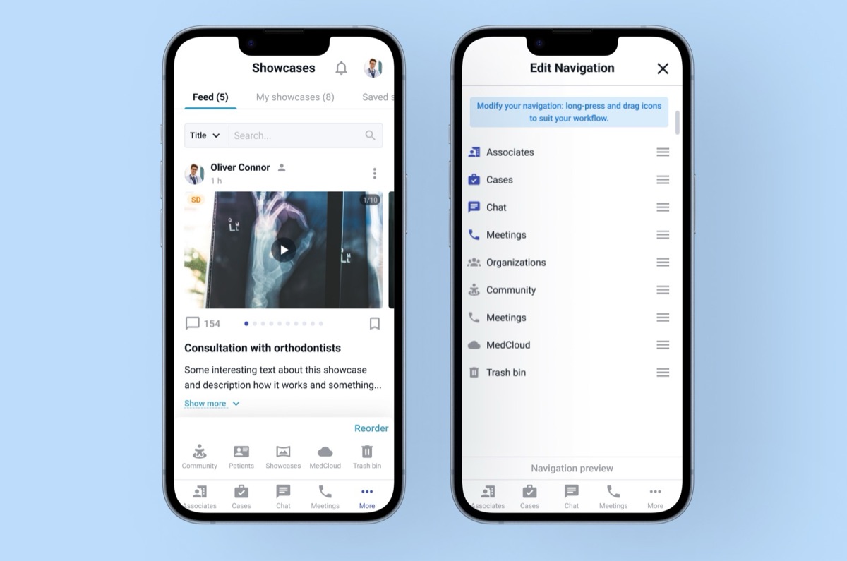 Navigation in the mobile app: the More sheet with the extra sections, and Edit Navigation where the menu items can be dragged into your own order